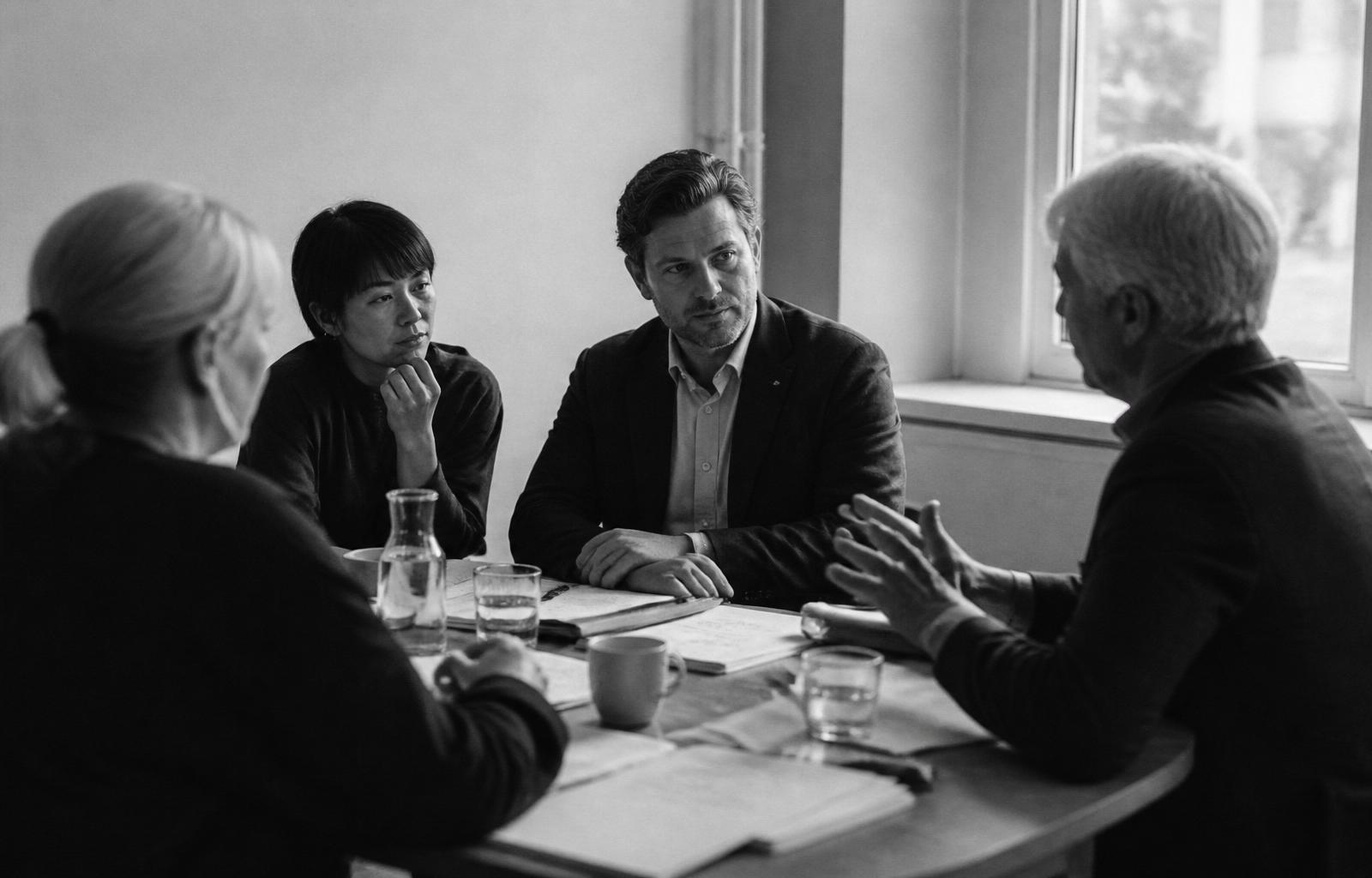 Four leaders in candid conversation around a table by a window.
